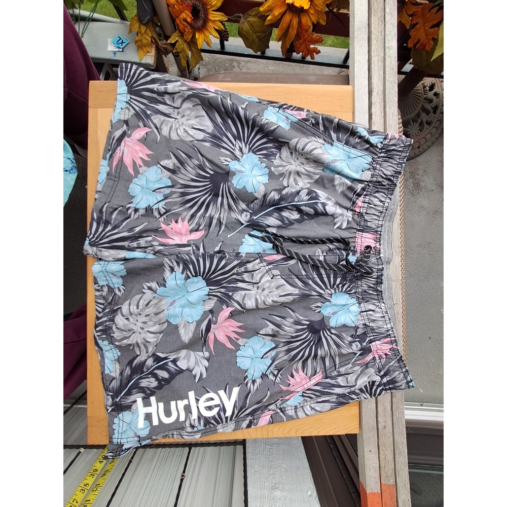Hurley Mens XL Floral Swim Trunks Grey Blue Pink Tropical Board Shorts Stretch